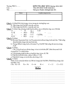 Kiểm tra học kì II. Năm học 2014 - 2015 môn Hóa học - 8 (đề chính thức) thời gian 45 phút (không kể phát đề)